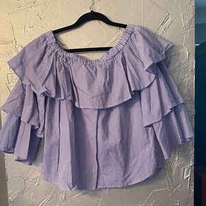Striped Off-Shoulder Ruffle Top - blue and white striped